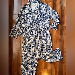Ambrielle Extra Soft Pajama Set Womens L Floral Button Up Lounge Sleepwear Blue